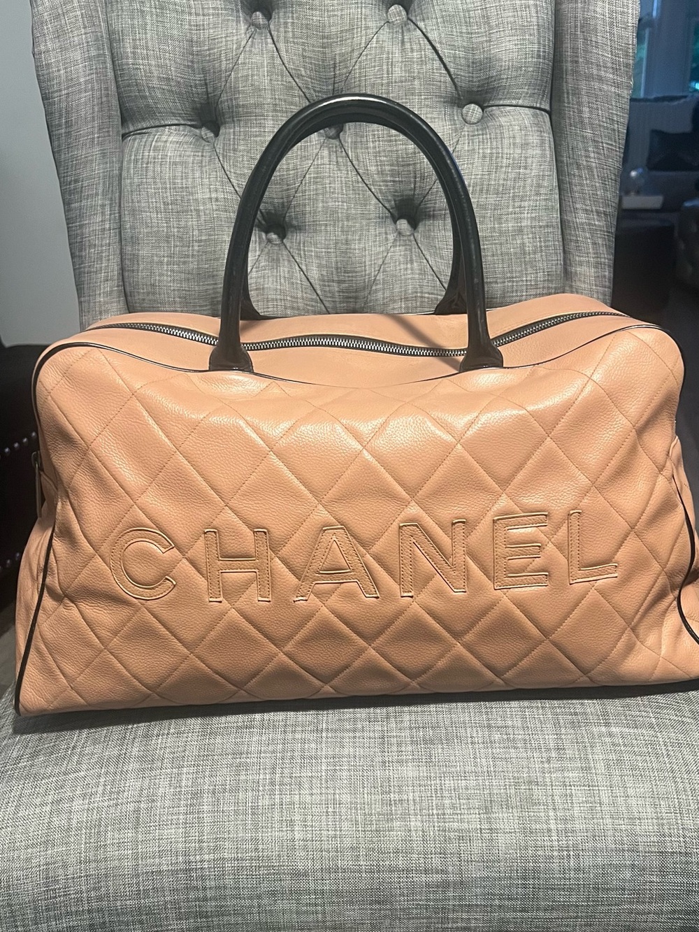 CHANEL Quilted Peach Leather Duffel with Black Handles - Picture 2 of 12